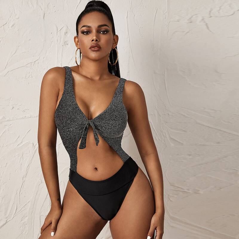 

Glitter Cut Out One Piece Swimwear, Black