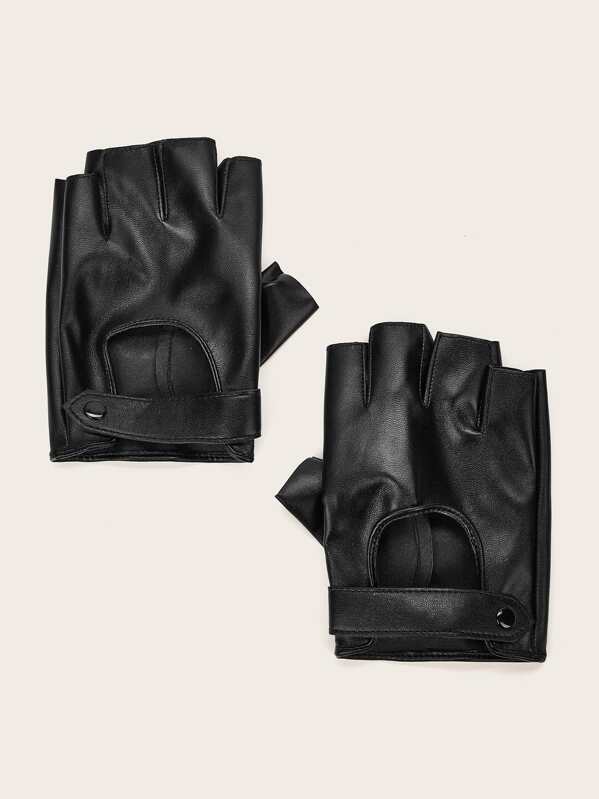 

1pair Leather Open Finger Gloves, Black
