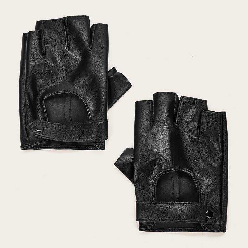 

1pair Leather Open Finger Gloves, Black