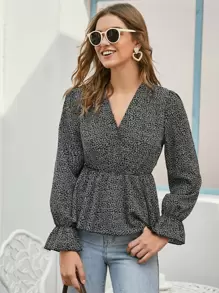 Allover Print V-neck Babydoll Blouse - Black - View 1