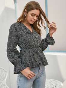 Allover Print V-neck Babydoll Blouse - Black - View 5