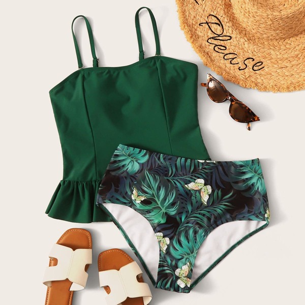 

Ruffle Hem Tropical High Waisted Bikini Swimsuit, Green