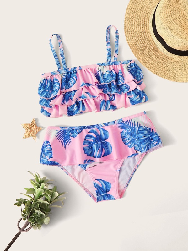 

Toddler Girls Palm Print Tiered Layer Bikini Set, Multicolor