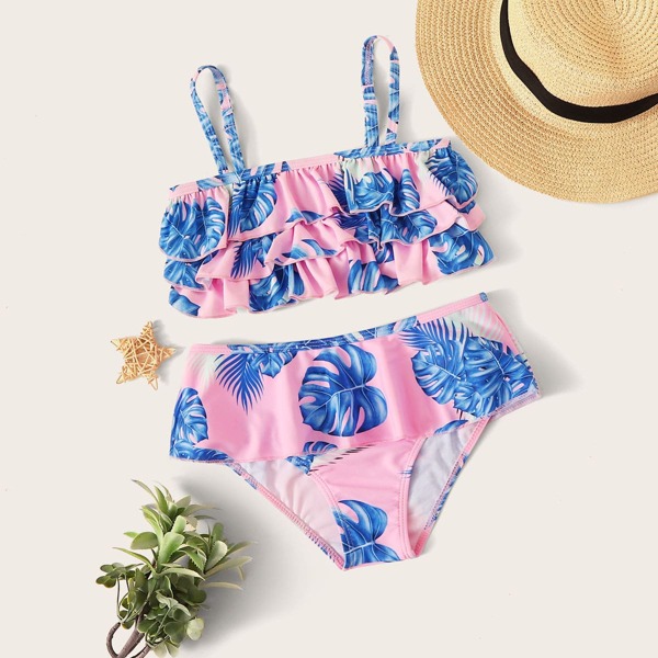 

Toddler Girls Palm Print Tiered Layer Bikini Set, Multicolor
