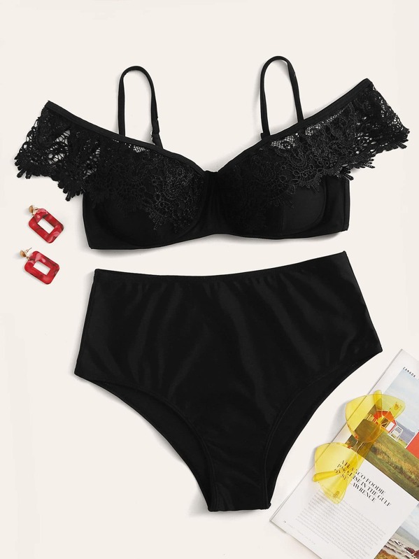 

Contrast Lace Top With High Waist Bikini Set, Black