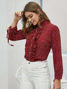 Allover Polka Dot Ruffle Blouse - Burgundy - View 1
