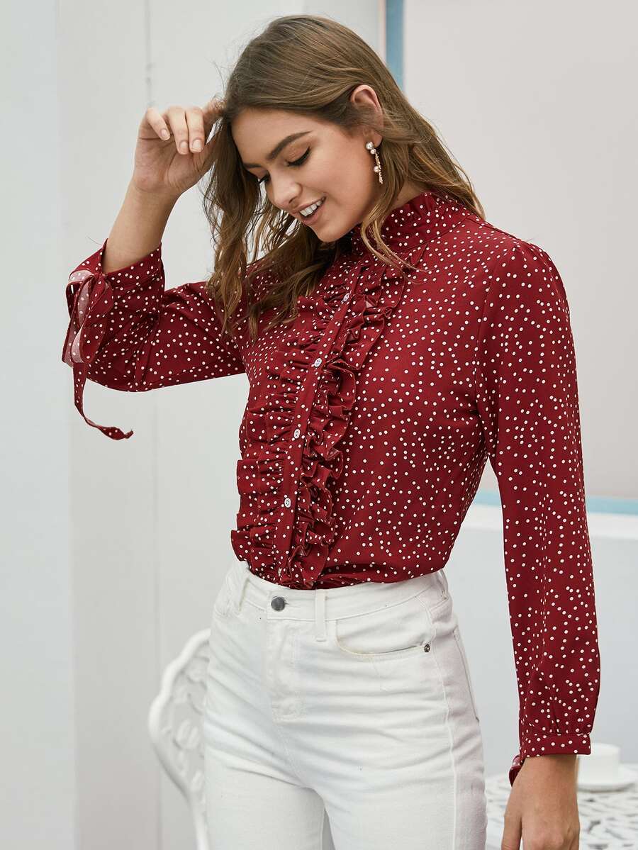 Allover Polka Dot Ruffle Blouse - Burgundy - View 1