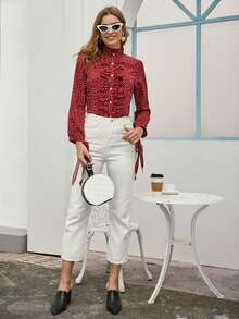 Allover Polka Dot Ruffle Blouse - Burgundy - View 3