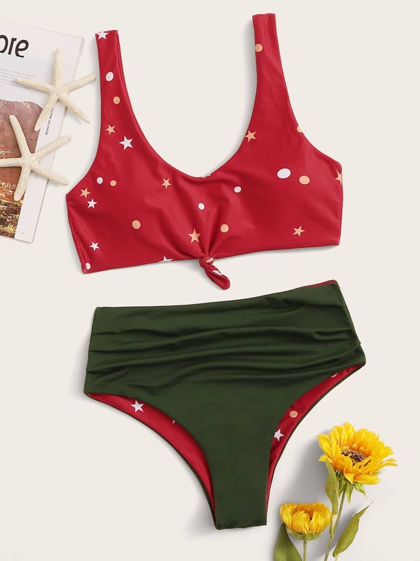 

Geo Knot Front Top With Ruched High Waist Bikini, Multicolor