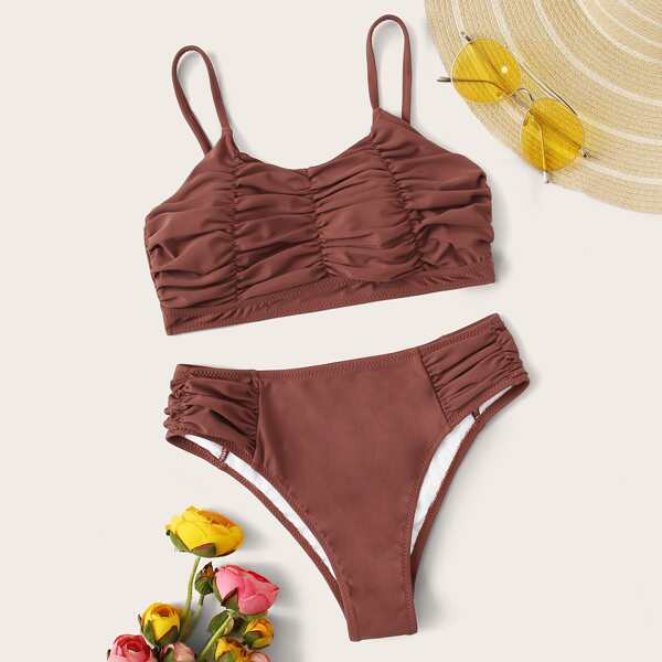 

Solid Ruched Bikini Set, Brown
