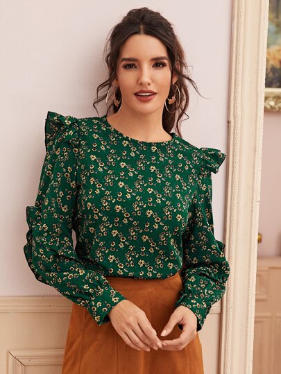 Ditsy Floral Print Ruffle Trim Blouse