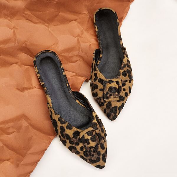 

Leopard Pattern Point Toe Flat Mules, Multicolor