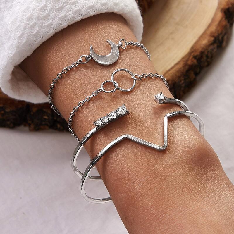

4pcs Moon & Rhinestone Chain Bracelet, Silver