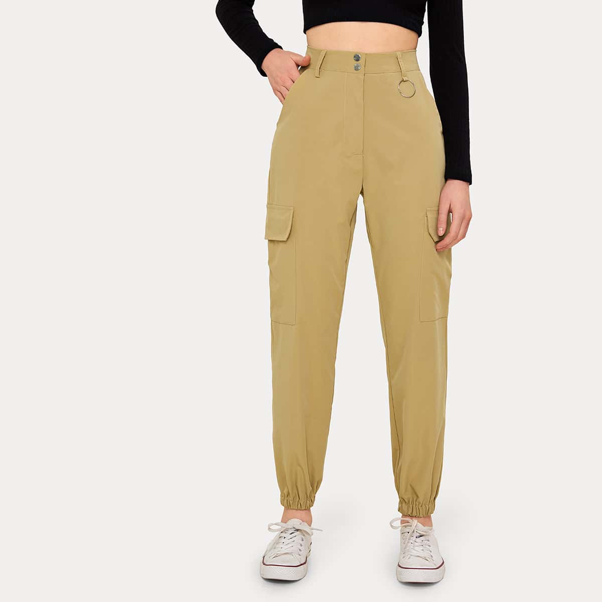 

O-ring Decoration Side Flap Pocket Cargo Pants, Khaki