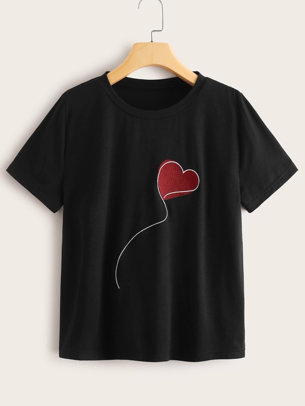 

Heart Balloon Print Round Neck Tee, Black