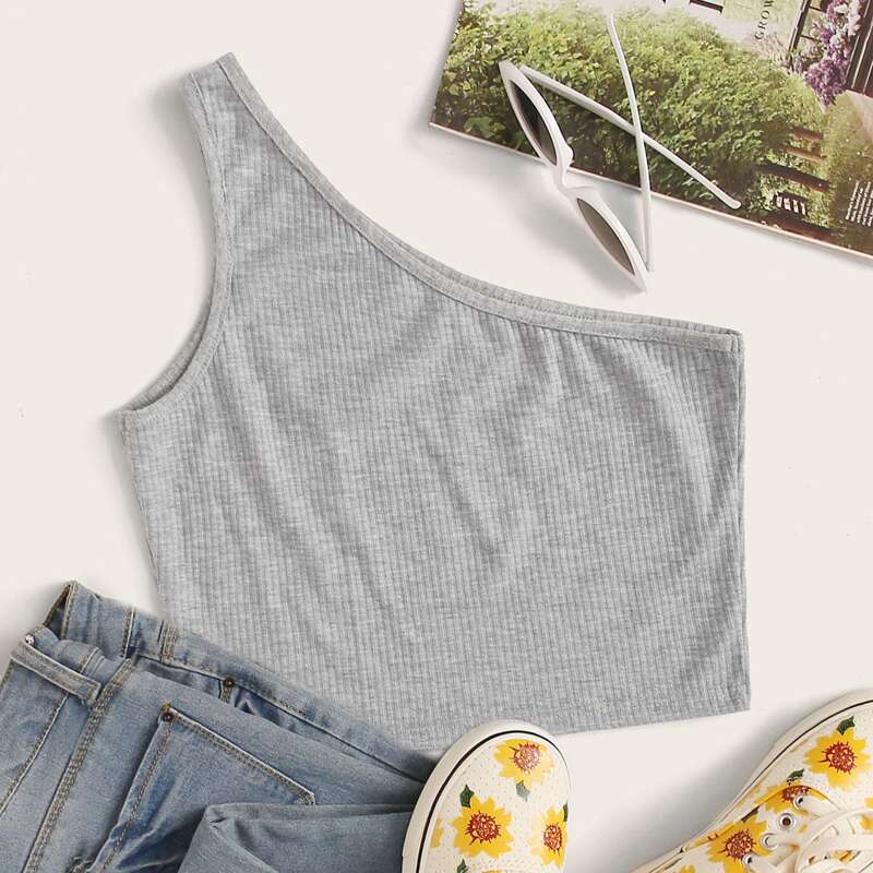 

Ribbed One-Shoulder Tank Top, Grey