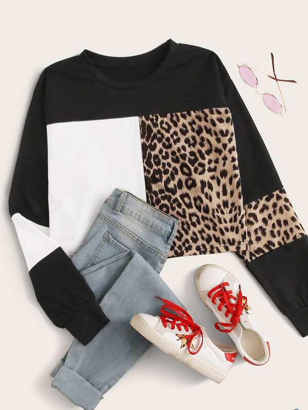 

Leopard Color-Block Round Neck Sweatshirt, Multicolor