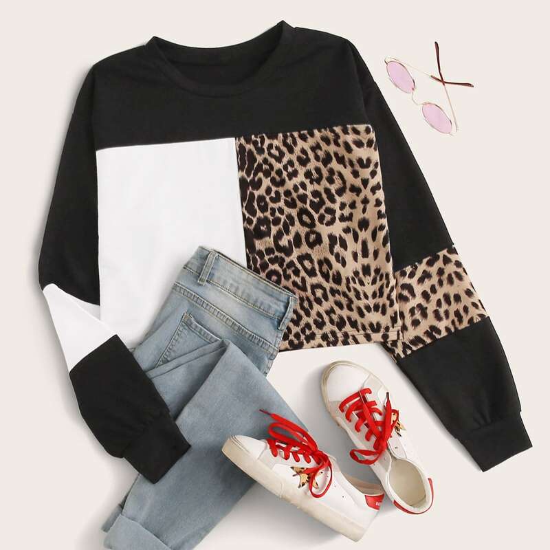 

Leopard Color-Block Round Neck Sweatshirt, Multicolor