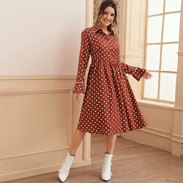

Polka Dot Button Through Shirt Dress, Brown