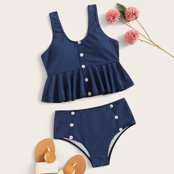 

Button Detail Ruffle Hem Top With High Waist Tankini, Navy