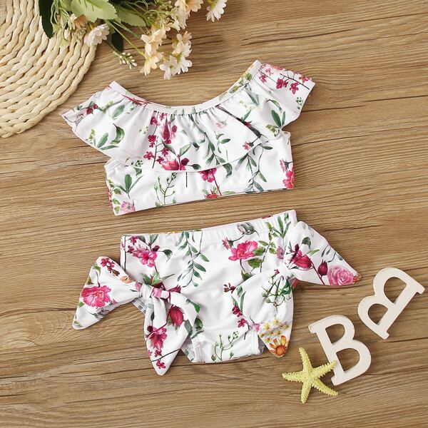 

Baby Girl Floral Random Print Ruffle Trim Bikini Set, White