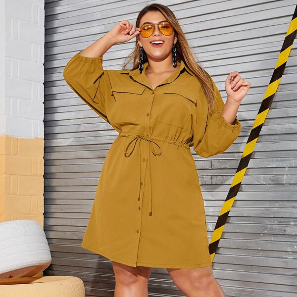 

Plus Dual Pocket Drawstring Waist Utility Dress, Yellow