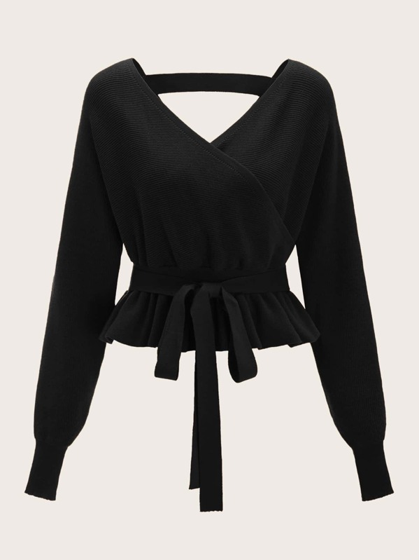 

Plus Cut Out Back Belted Surplice Sweater, Black