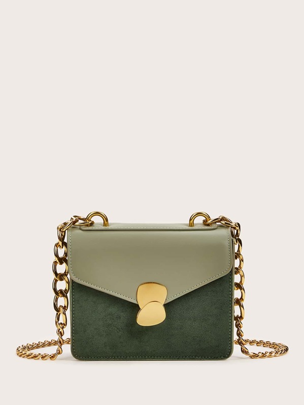 

Metal Decor Suede Panel Chain Bag, Green