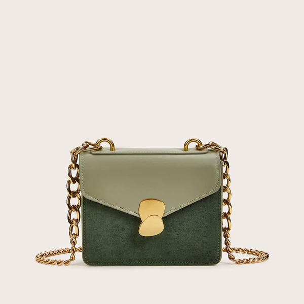 

Metal Decor Suede Panel Chain Bag, Green