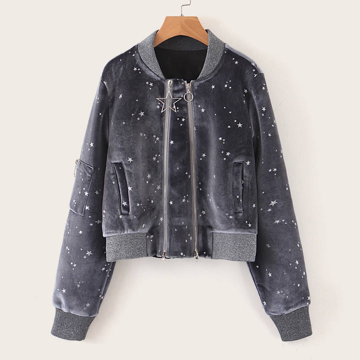 

Star Print Zip Up Velvet Bomber Jacket, Grey