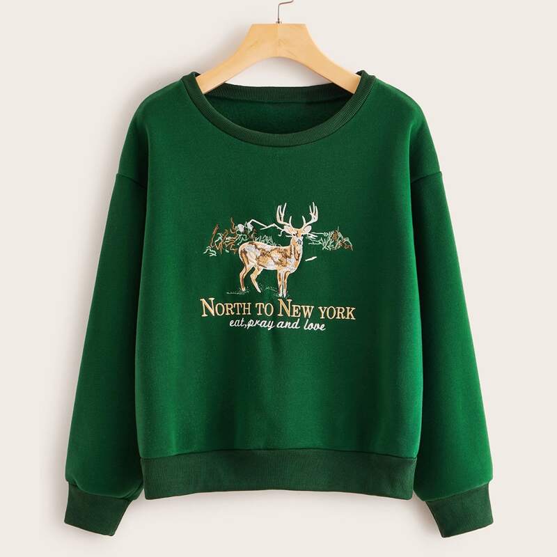 

Christmas Elk & Letter Embroidery Sweatshirt, Green