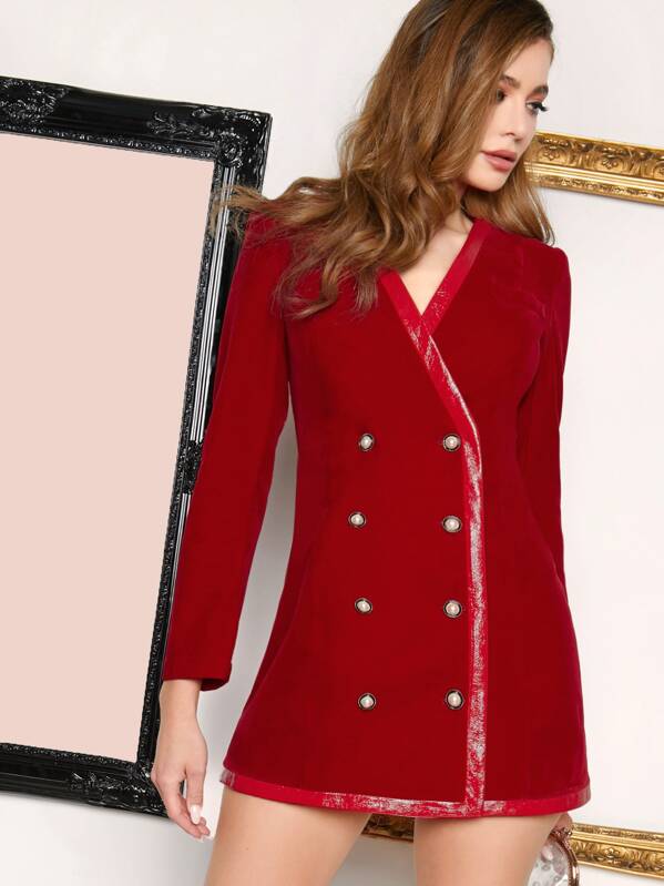 

Faux Patent Trim Double Breasted Velvet Blazer, Red, Gina Vaia