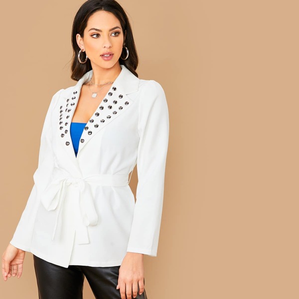 

Notch Collar Beaded Detail Self Belted Blazer, White