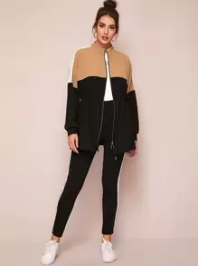 Mulvari Zip Up Colorblock Sweatshirt & Striped  Side Leggings Set - Multicolor - View 3