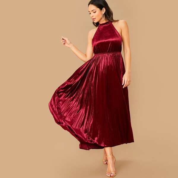 

Open Back Pleated Hem Halter Velvet Dress, Burgundy