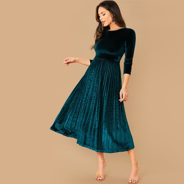

Pleated Hem Belted Velvet Dress, Teal blue
