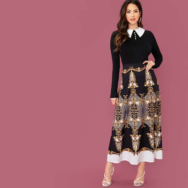 

Contrast Collar Buttoned Front Scarf Print Dress, Multicolor