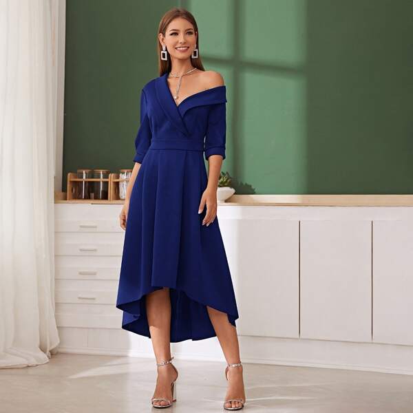 

Shawl Collar Asymmetrical Neck High Low Dress, Royal blue