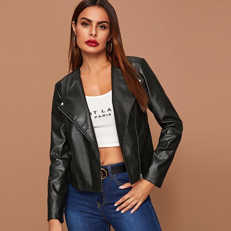 

Faux Leather Zip-Up Moto Jacket, Dark green