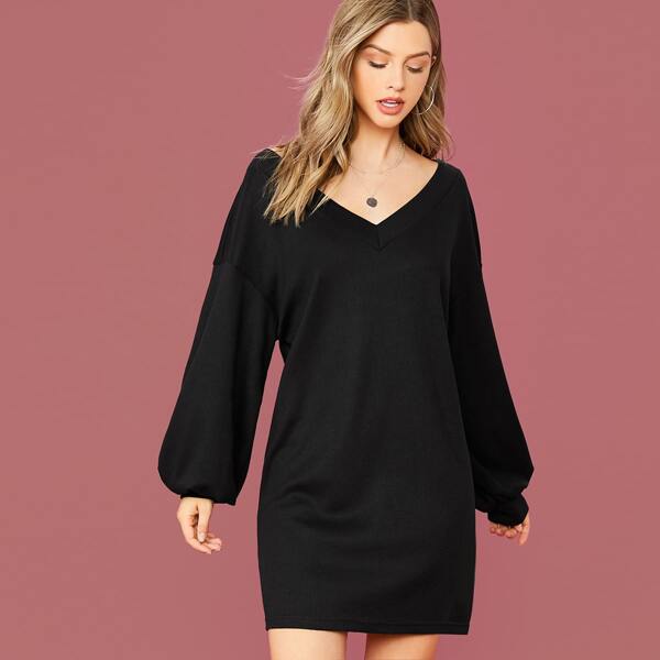 

V-neck Lantern Sleeve Waffle Knit Dress, Black