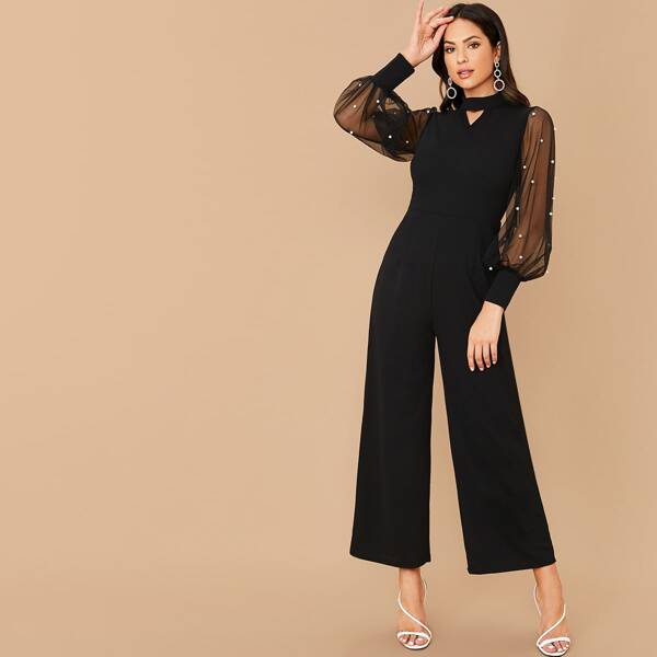 

Keyhole Neck Pearls Beaded Sheer Mesh Sleeve Palazzo Jumpsuit, Black