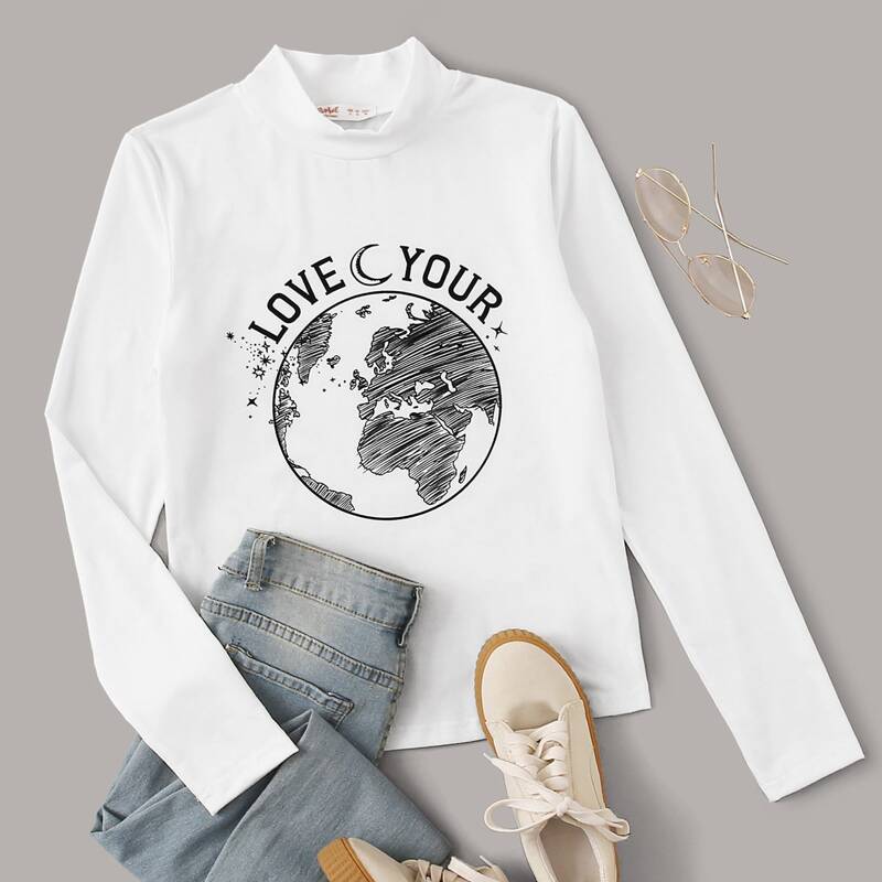 

Letter & Graphic Print Mock Neck Tee, White