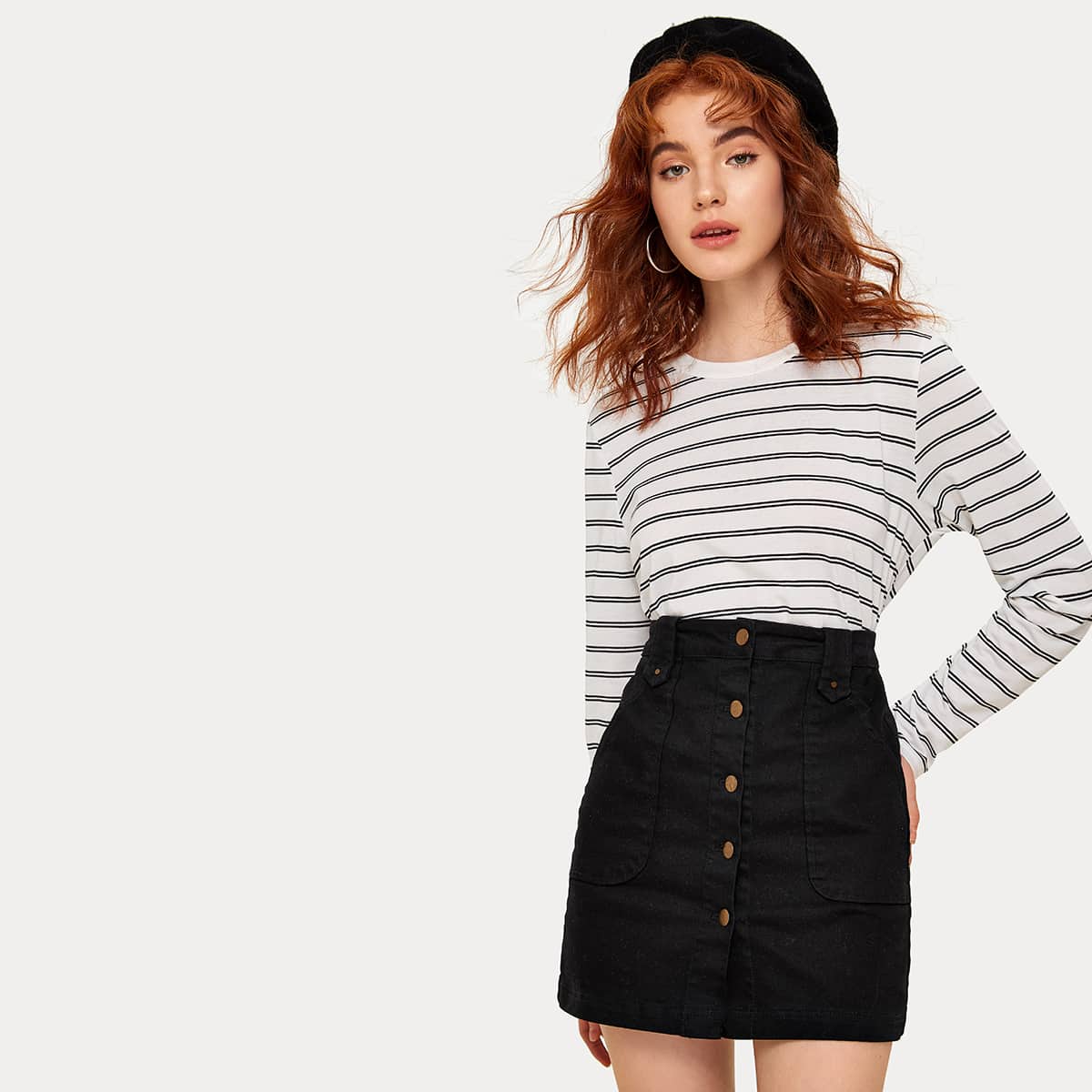 

Striped Long Sleeve Basic Tee, Black and white
