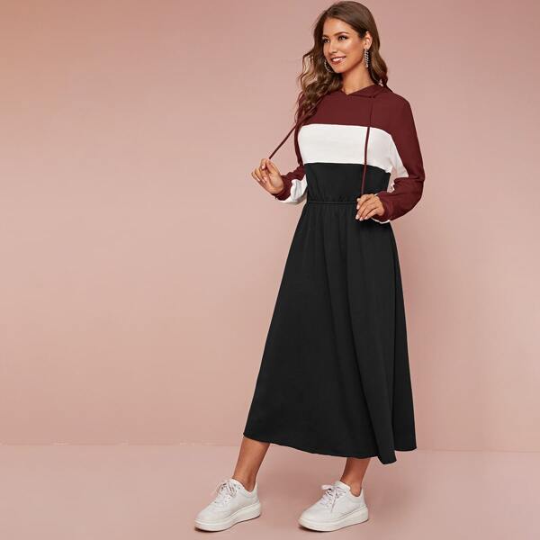 

Cut-and-sew Elastic Waist Drawstring Hooded Sweatshirt Dress, Multicolor