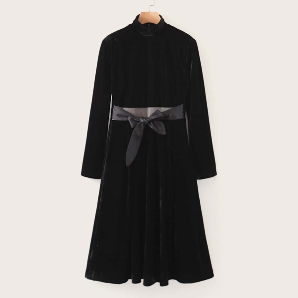 

Self Tie Mock Neck Velvet Dress, Black