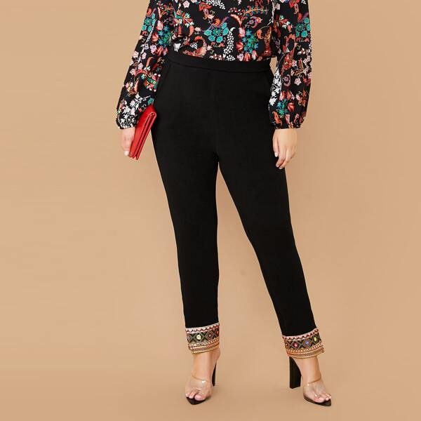 

Plus Zipper Side Slant Pocket Detail Tribal Tape Hem Pants, Black