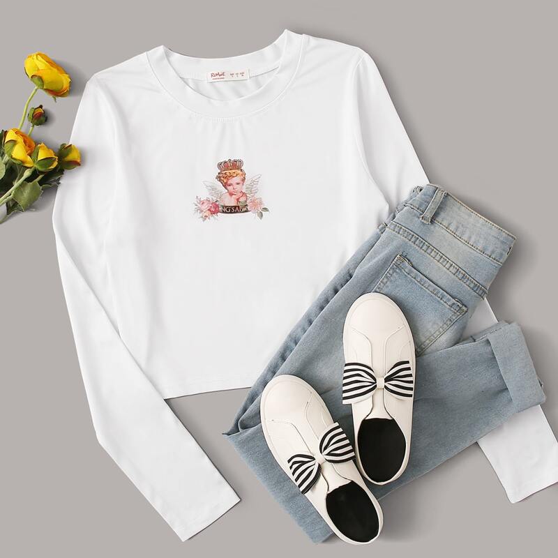 Angel Print Long Sleeve Tee, White