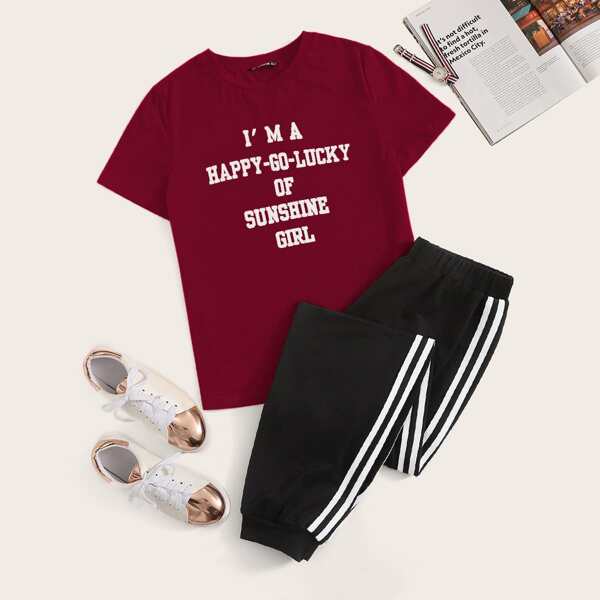 

Plus Slogan Graphic Tee and Striped Side Joggers Set, Multicolor