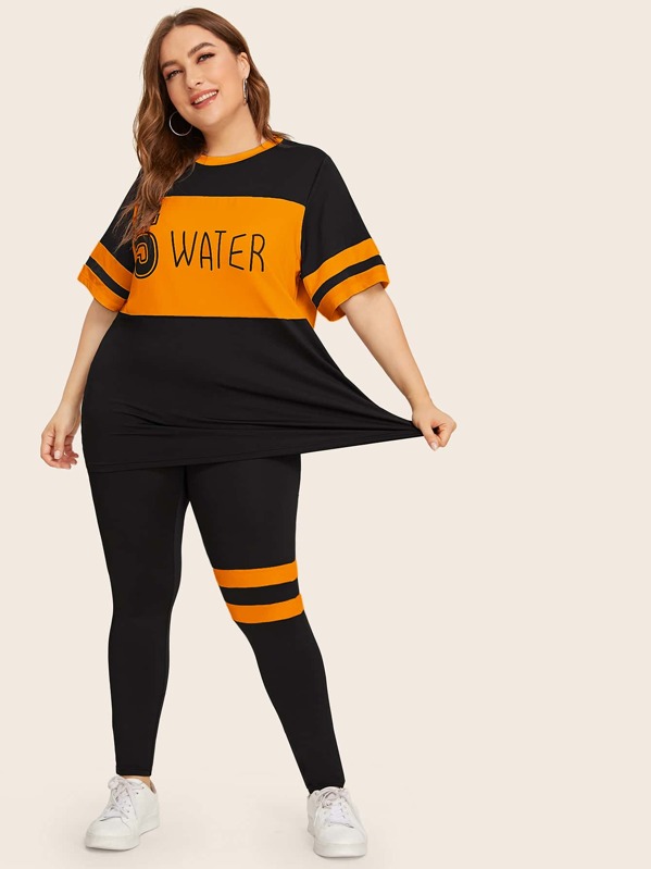 

Plus Letter Graphic Colorblock Top & Leggings Set, Black, Franziska