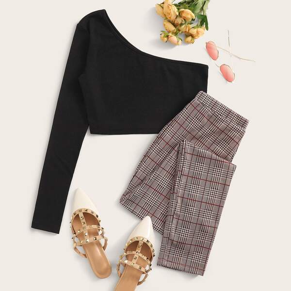 

Plus One Shoulder Solid Top & Plaid Pants Set, Multicolor